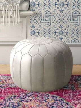 Premium Moroccan Leather Pouf Ottoman round white, Unstuffed